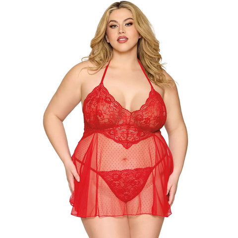 Plus Size Dot Mesh Babydoll & G-String