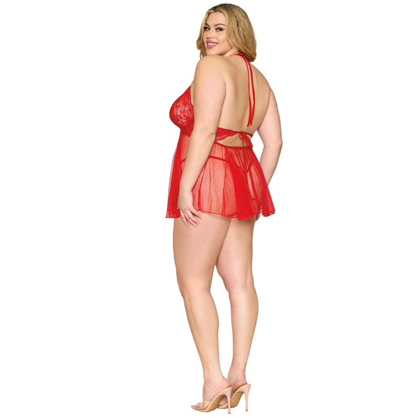 Plus Size Dot Mesh Babydoll & G-String