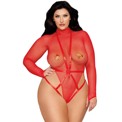 Plus Size Fishnet Teddy & Satin Elastic Harness
