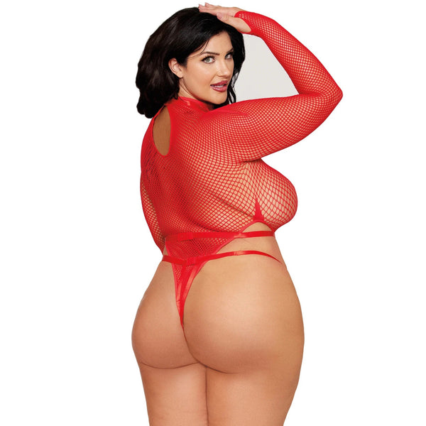 Plus Size Fishnet Teddy & Satin Elastic Harness
