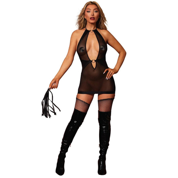 Fetish Mesh Plunge Chemise & Flogger
