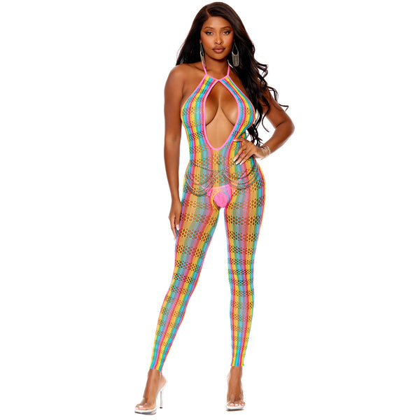 Crochet Net Footless Bodystocking with Open Crotch - Multicolor