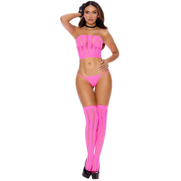 3 Piece Pot Hole Bandeau Top Set - Neon Pink