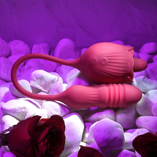 Wild Rose Rechargeable Flicking & Vibrating Tongue Clitoral Stimulator with Thrusting Bullet