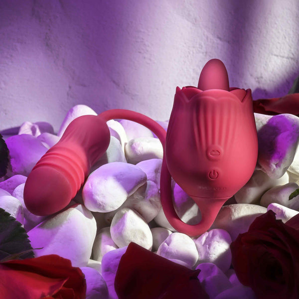 Wild Rose Rechargeable Flicking & Vibrating Tongue Clitoral Stimulator with Thrusting Bullet