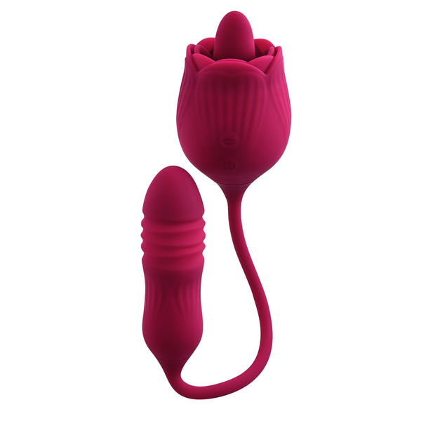 Wild Rose Rechargeable Flicking & Vibrating Tongue Clitoral Stimulator with Thrusting Bullet