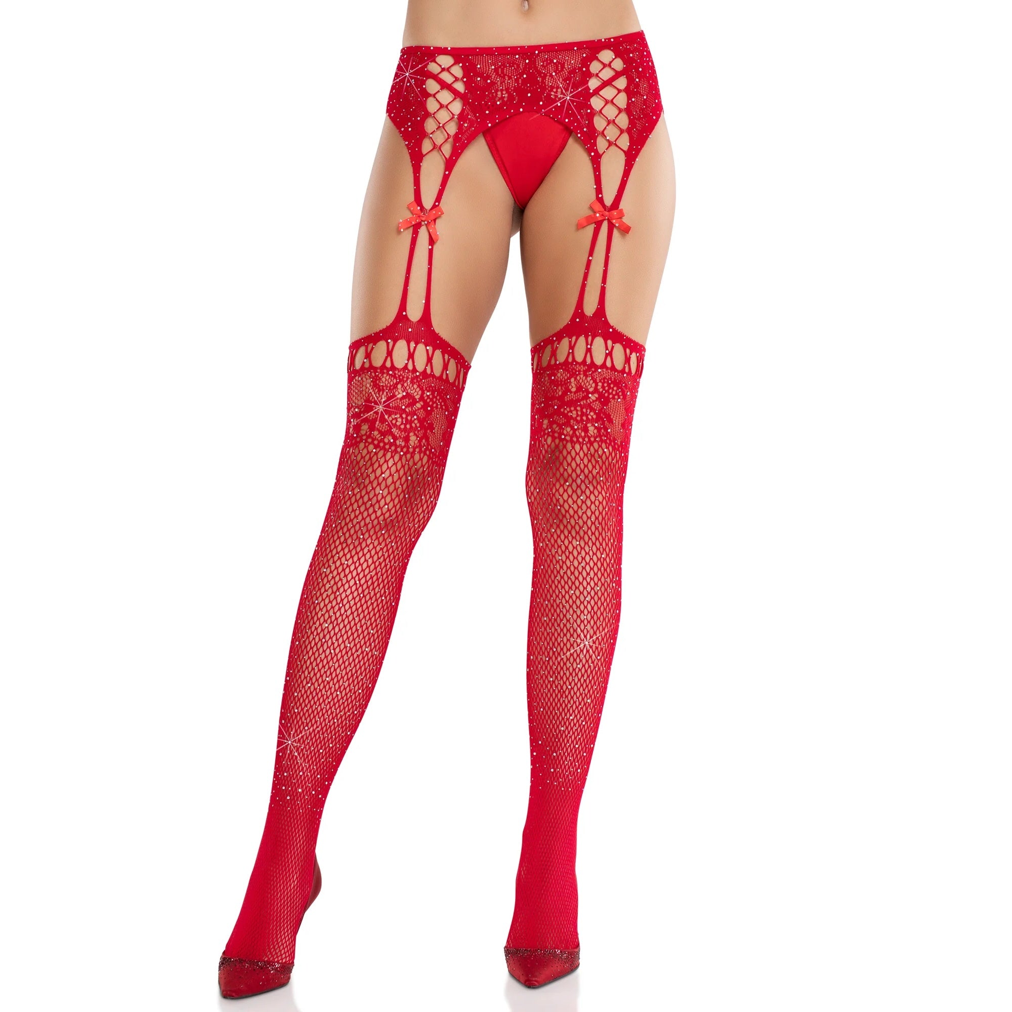 Amelie Rhinestone Garter Belt Tights - Red