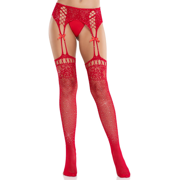 Amelie Rhinestone Garter Belt Tights - Red
