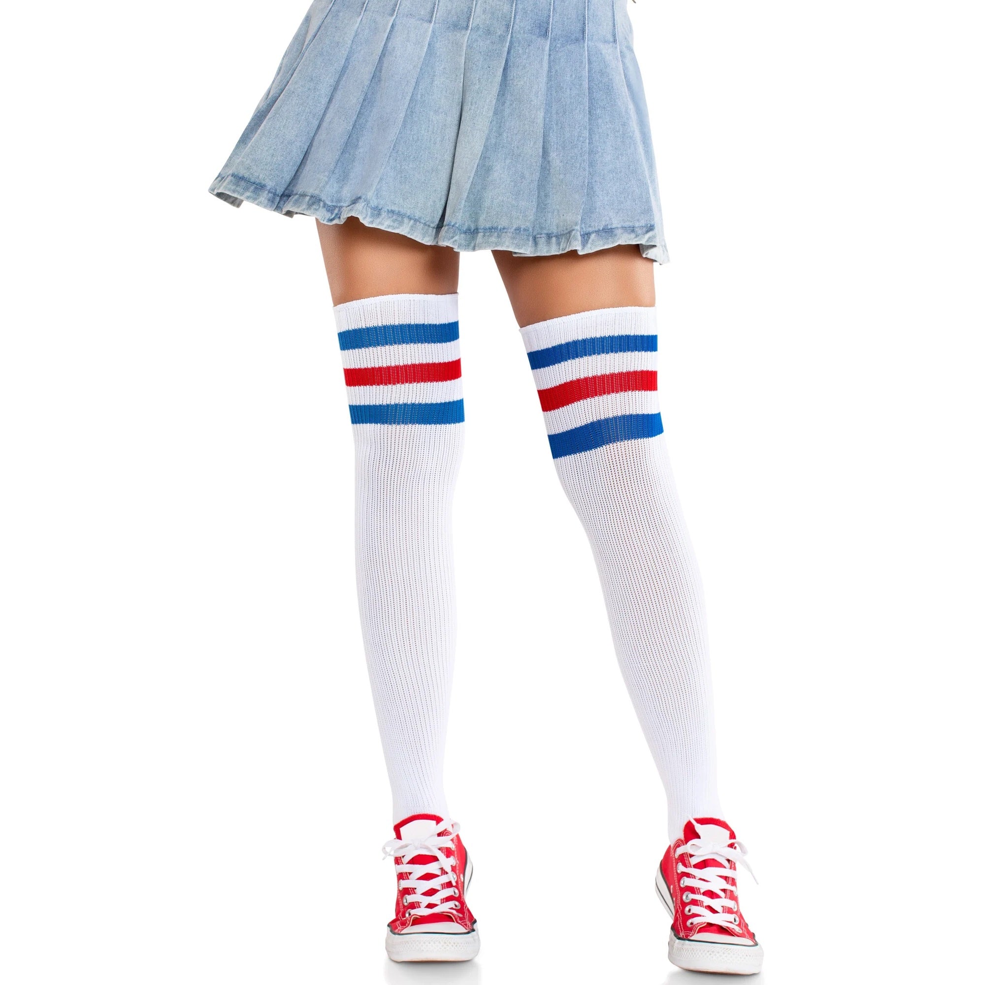 Gina Athletic Thigh High Stockings - White/Red/Blue