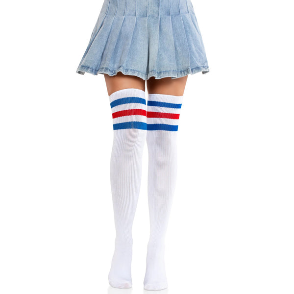 Gina Athletic Thigh High Stockings - White/Red/Blue