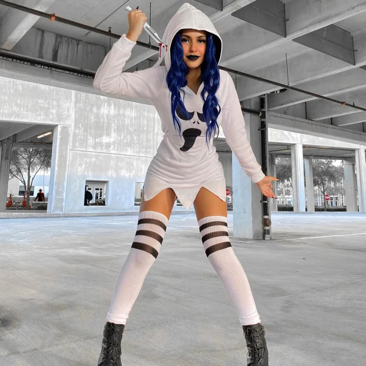 Gina Athletic Thigh High Stockings - White/Black