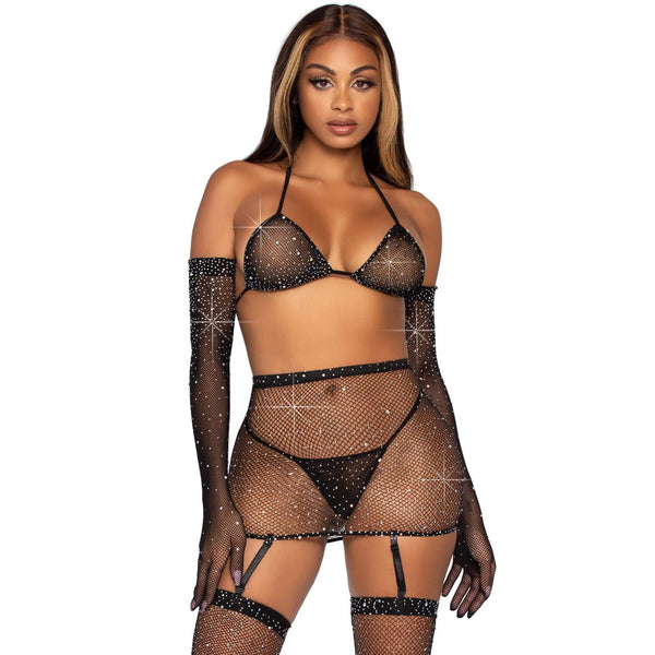 Risk Taker Rhinestone Bra Set with Skirt, Gloves & Stockings - Black