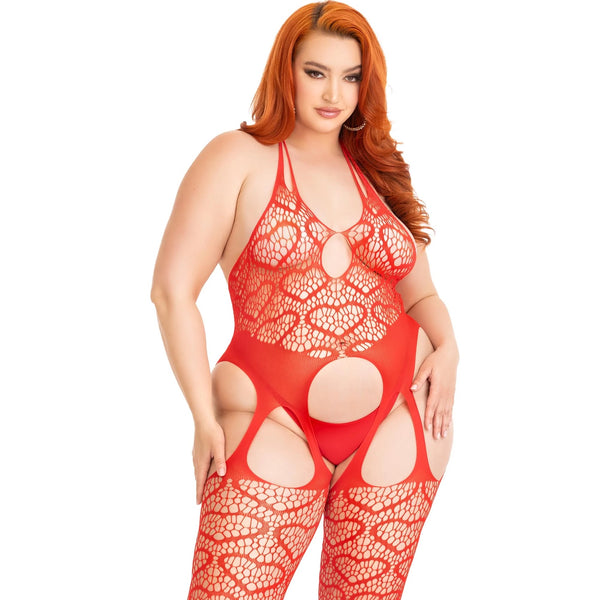 Plus Size Love Hangover Heart Net Bodystocking - Red