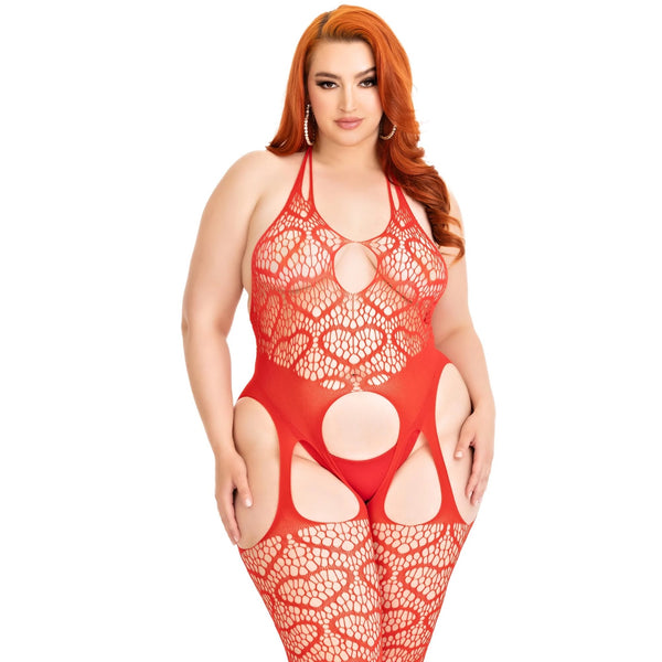 Plus Size Love Hangover Heart Net Bodystocking - Red