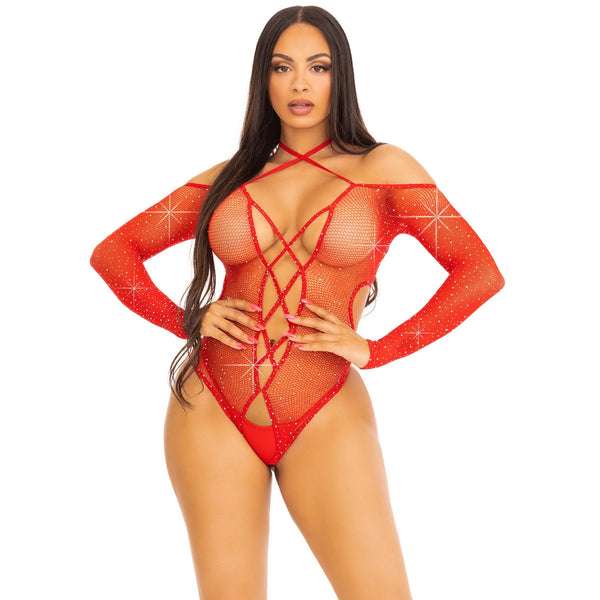 Say My Name Rhinestone Crotchless Teddy - Red