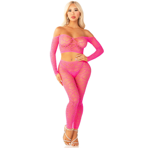 Off The Shoulder Top and Footless Tights - Neon Pink