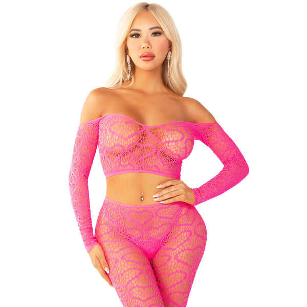 Off The Shoulder Top and Footless Tights - Neon Pink