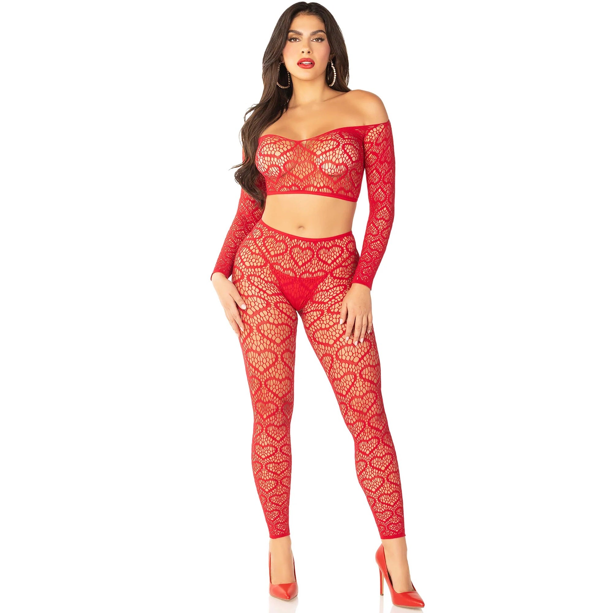 Off The Shoulder Top and Footless Tights - Red