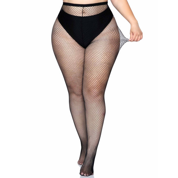 Plus Size Risa Nylon Fishnet Tights - Black