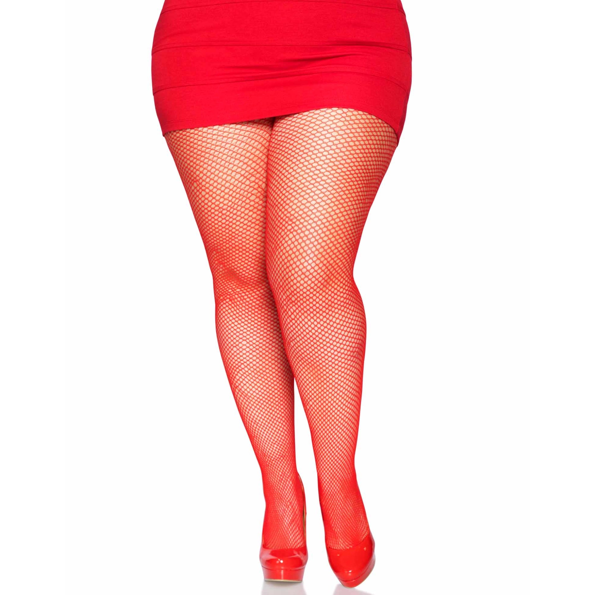 Plus Size Risa Nylon Fishnet Tights - Red