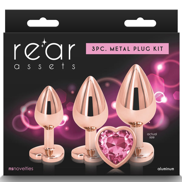 Rear Assets Trainer Kit 3 Piece Aluminum Butt Plugs - Rose Gold Heart