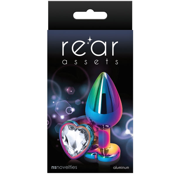 Rear Assets Rainbow Clear Heart Aluminum Butt Plug - Medium