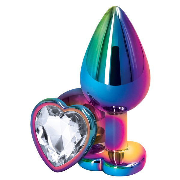 Rear Assets Rainbow Clear Heart Aluminum Butt Plug - Medium