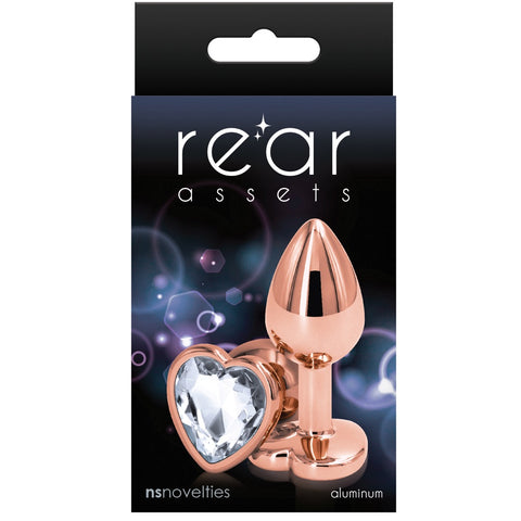 Rear Assets Rose Gold Clear Heart Aluminum Butt Plug - Small