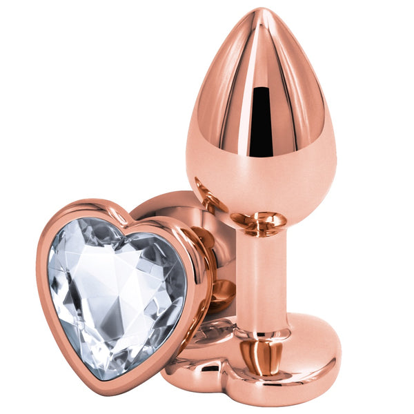 Rear Assets Rose Gold Clear Heart Aluminum Butt Plug - Small