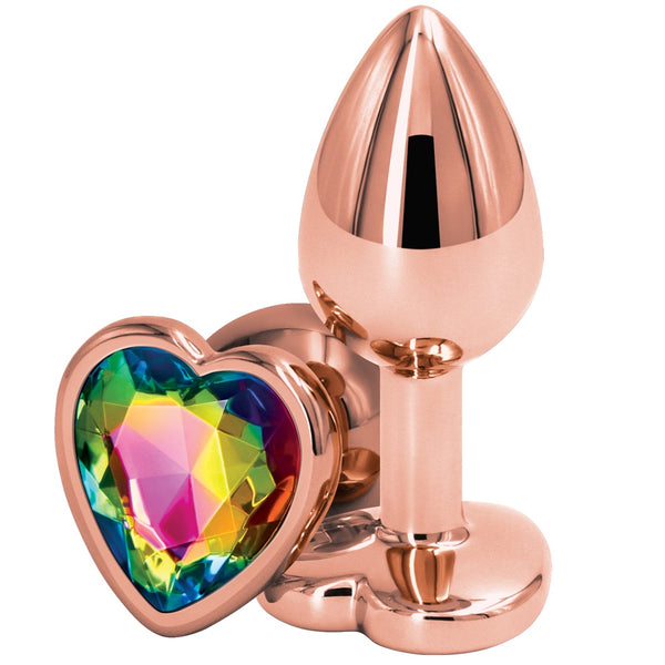 Rear Assets Rose Gold Rainbow Heart Aluminum Butt Plug - Small