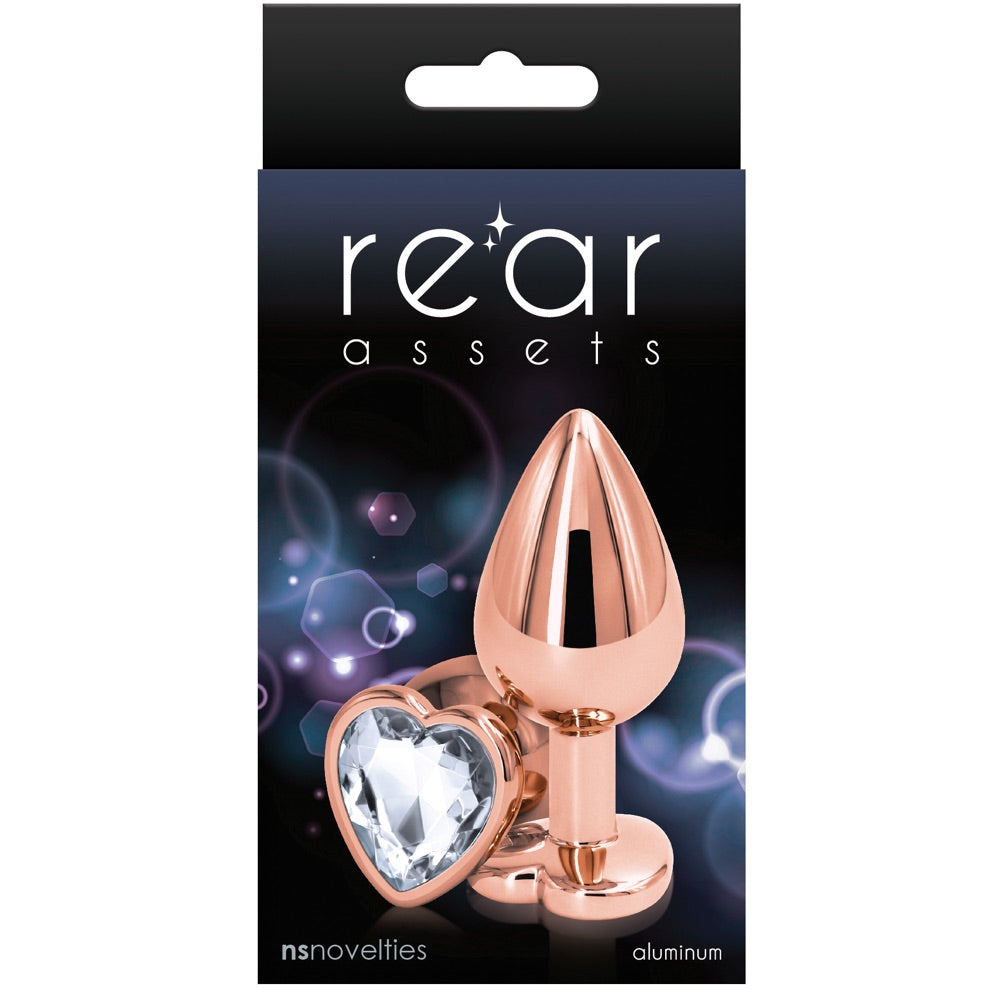 Rear Assets Rose Gold Clear Heart Aluminum Butt Plug - Medium