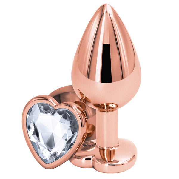 Rear Assets Rose Gold Clear Heart Aluminum Butt Plug - Medium