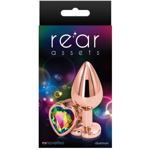 Rear Assets Rose Gold Rainbow Heart Aluminum Butt Plug - Medium