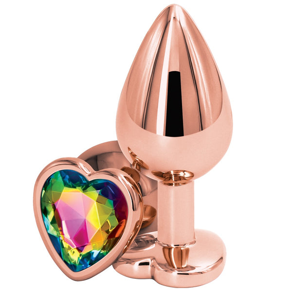 Rear Assets Rose Gold Rainbow Heart Aluminum Butt Plug - Medium