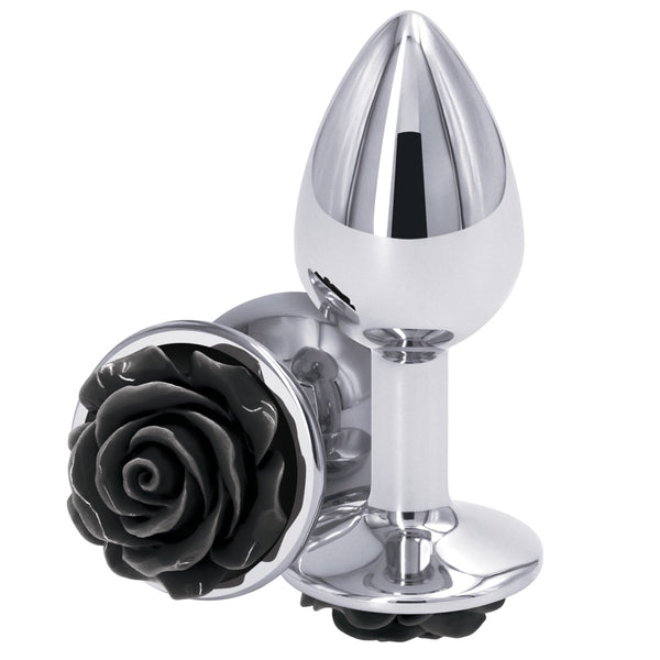 Rear Assets Silver Black Rose Aluminum Butt Plug - Small