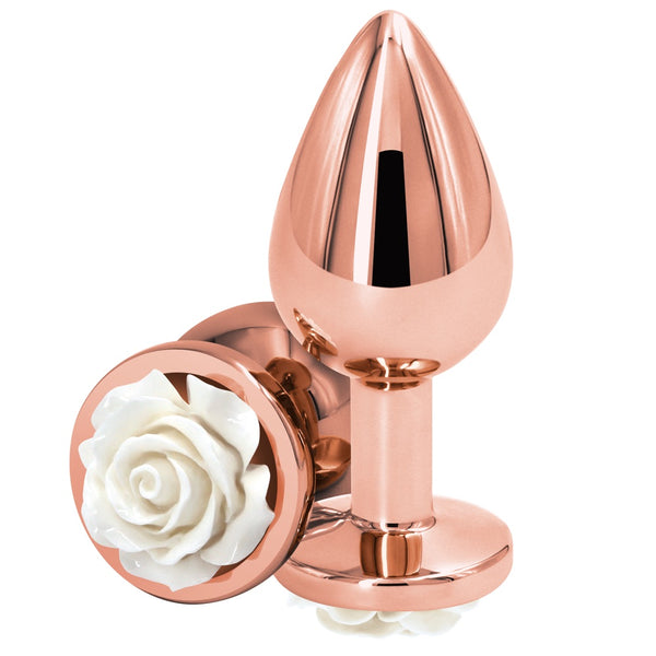 Rear Assets Rose Gold White Rose Aluminum Butt Plug - Medium