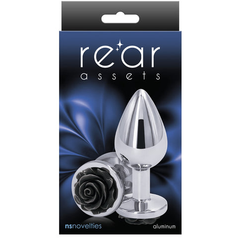 Rear Assets Silver Black Rose Aluminum Butt Plug - Medium