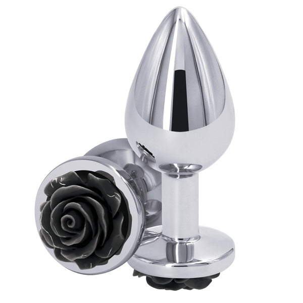 Rear Assets Silver Black Rose Aluminum Butt Plug - Medium