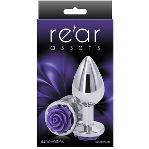 Rear Assets Silver Purple Rose Aluminum Butt Plug - Medium