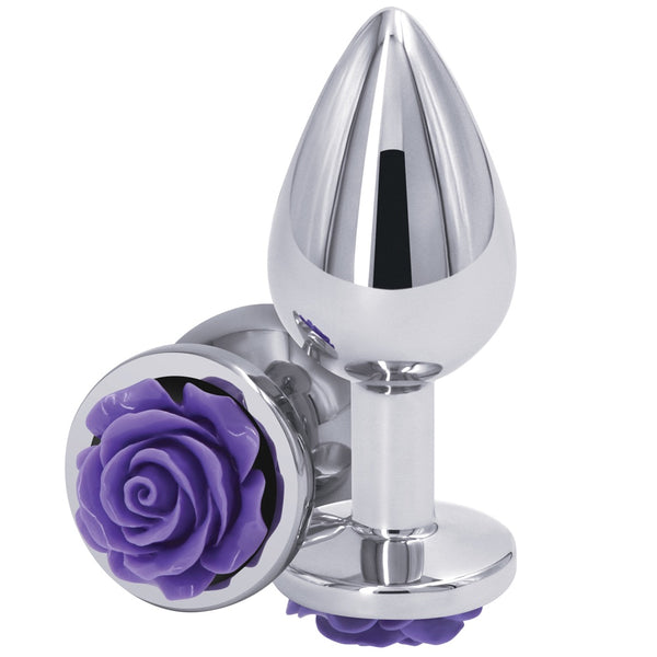 Rear Assets Silver Purple Rose Aluminum Butt Plug - Medium