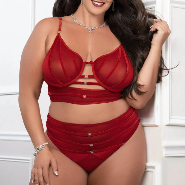 Plus Size Satin Bra & High Waist Panty - Cinnamon Red