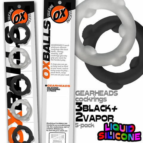 GEARHEADS 5-pack Ultra-Play Liquid Silicone Cockrings - Vapor/Black