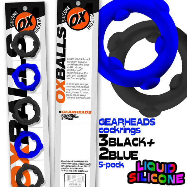 GEARHEADS 5-pack Ultra-Play Liquid Silicone Cockrings - Glacier/Black