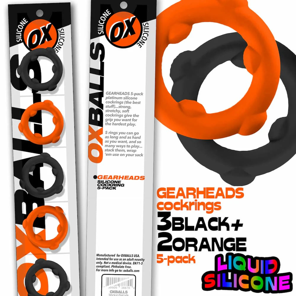GEARHEADS 5-pack Ultra-Play Liquid Silicone Cockrings - Orange/Black