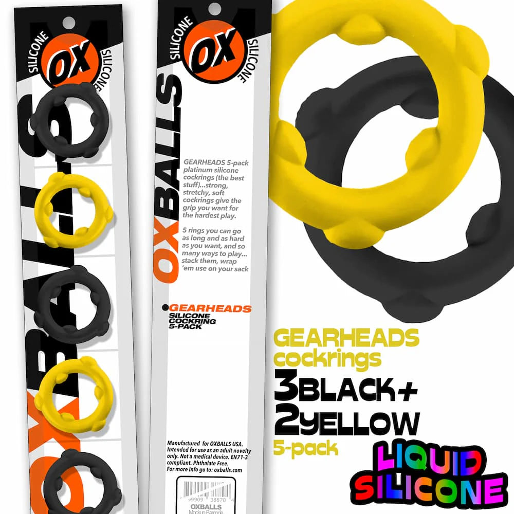 GEARHEADS 5-pack Ultra-Play Liquid Silicone Cockrings - Yellow/Black