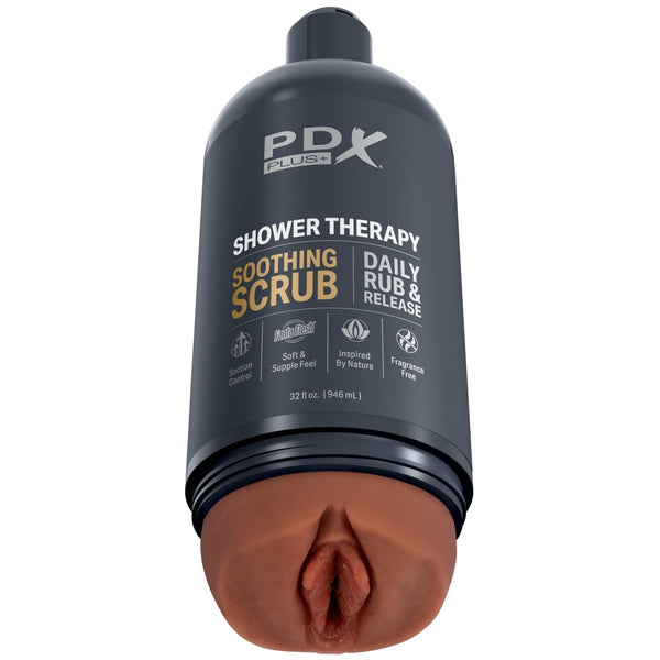 PDX Plus Shower Therapy Soothing Scrub Hands-Free Discreet Shower Bottle Stroker - Brown