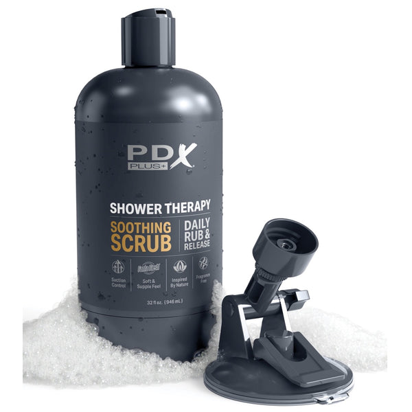 PDX Plus Shower Therapy Soothing Scrub Hands-Free Discreet Shower Bottle Stroker - Brown