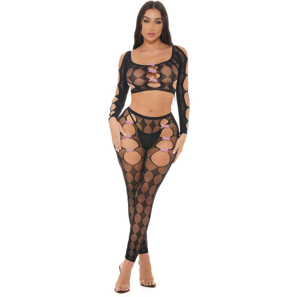 Tongue Twisted Crop Top And Leggings Bodystocking - Black