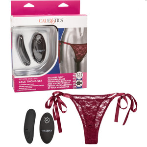 Remote Controlled Lace Thong Rechargeable Panty Teaser Set - Burgundy