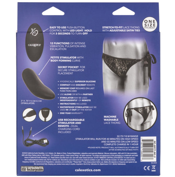 CalExotics Remote Controlled Lace Thong Rechargeable Panty Teaser Set - Black - Extreme Toyz Singapore - https://extremetoyz.com.sg - Sex Toys and Lingerie Online Store - Bondage Gear / Vibrators / Electrosex Toys / Wireless Remote Control Vibes / Sexy Lingerie and Role Play / BDSM / Dungeon Furnitures / Dildos and Strap Ons &nbsp;/ Anal and Prostate Massagers / Anal Douche and Cleaning Aide / Delay Sprays and Gels / Lubricants and more...